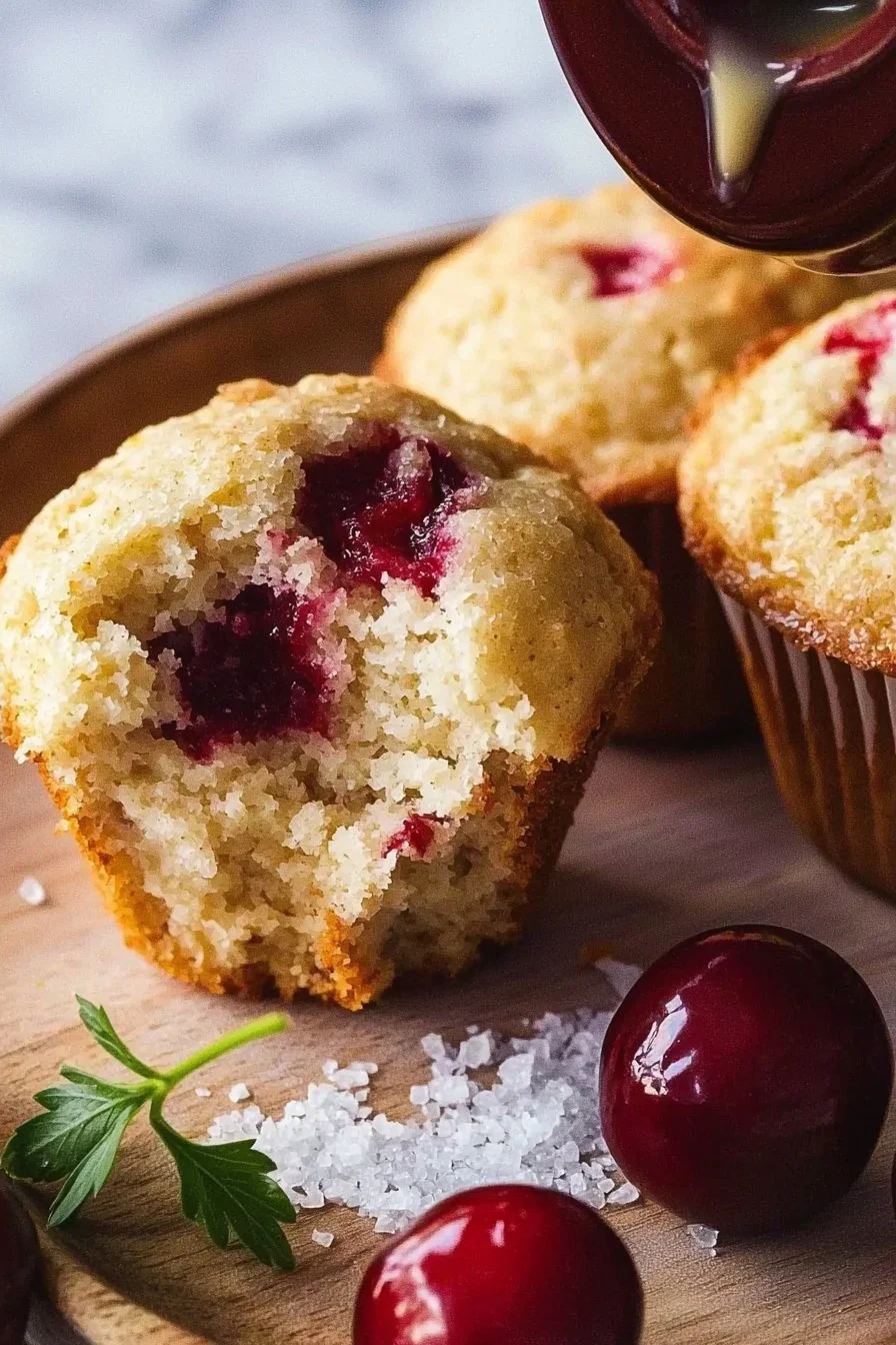 Leckere, frisch gebackene Kirschmuffins auf einem weißen Teller