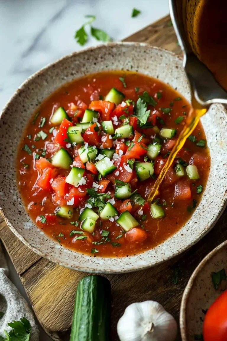 Schüssel mit klassischer Gazpacho, frischer Gemüsesalat und Kräutern
