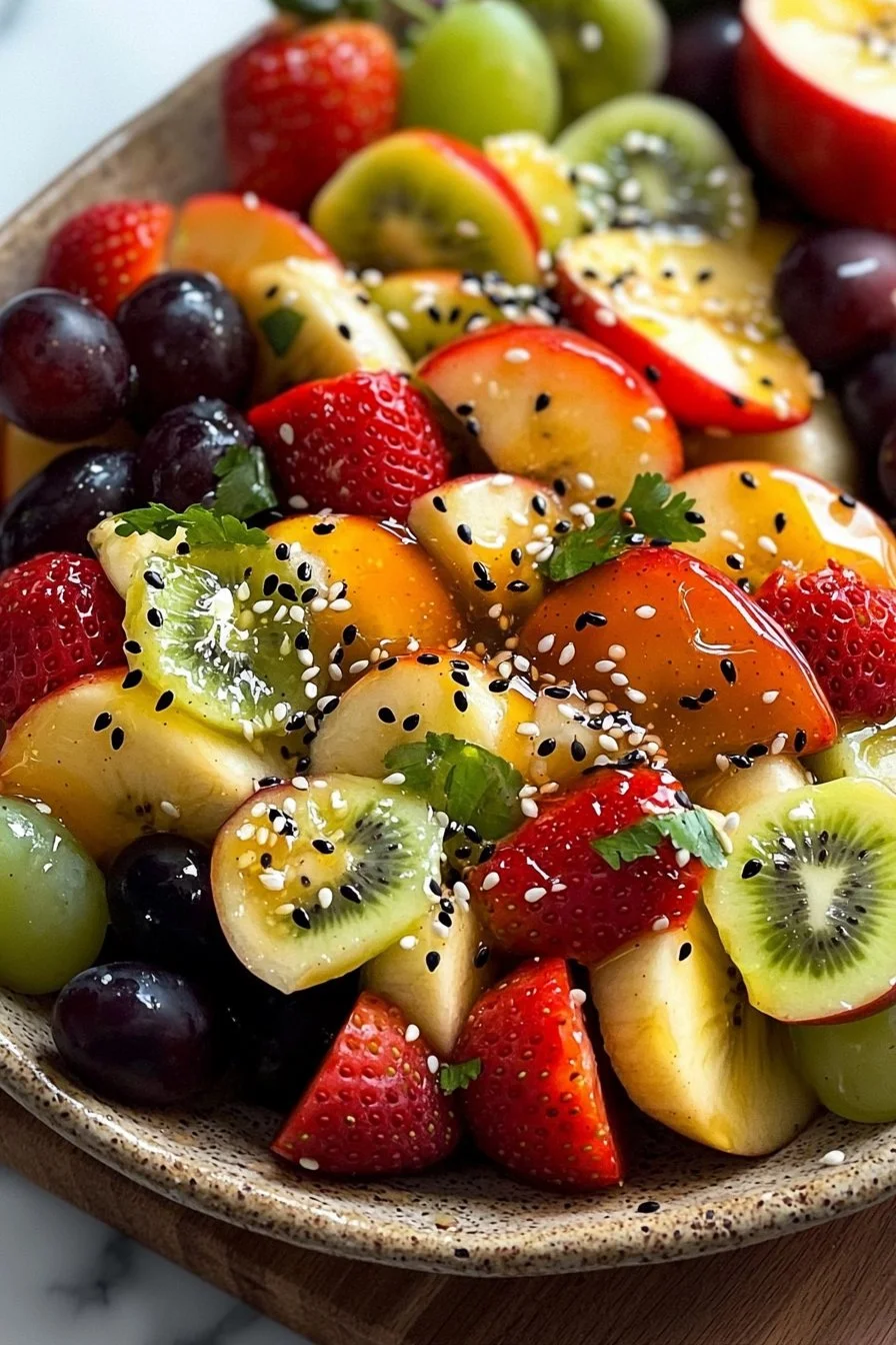 Frischer Obstsalat mit Honig-Limetten-Sesam-Dressing in einer Schüssel