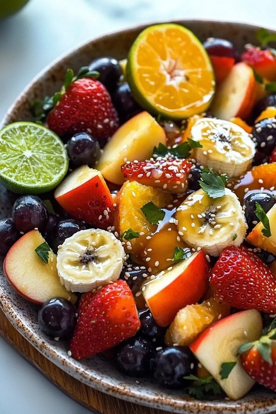 Einfache Obstsalat mit Honig-Limetten-Sesam-Dressing