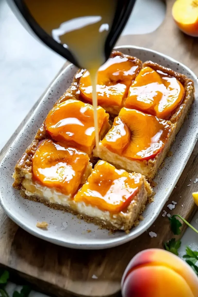 Leckere Pfirsich-Käsekuchenriegel auf einem weißen Teller