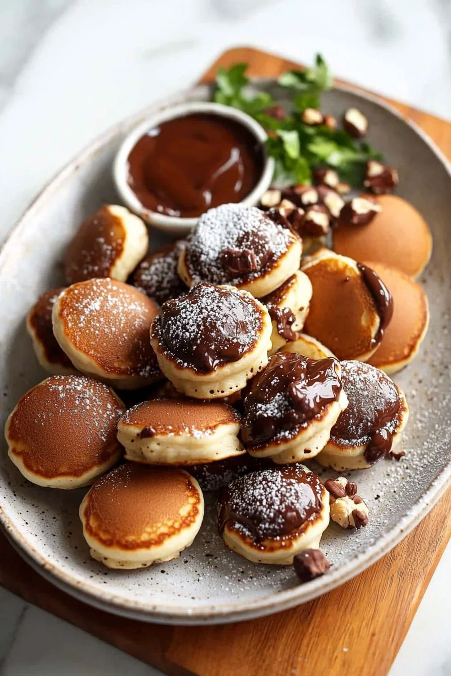 Mini-Pfannkuchen-Bomben mit Schokoladen-Hasselnuss-Füllung auf einem Teller.