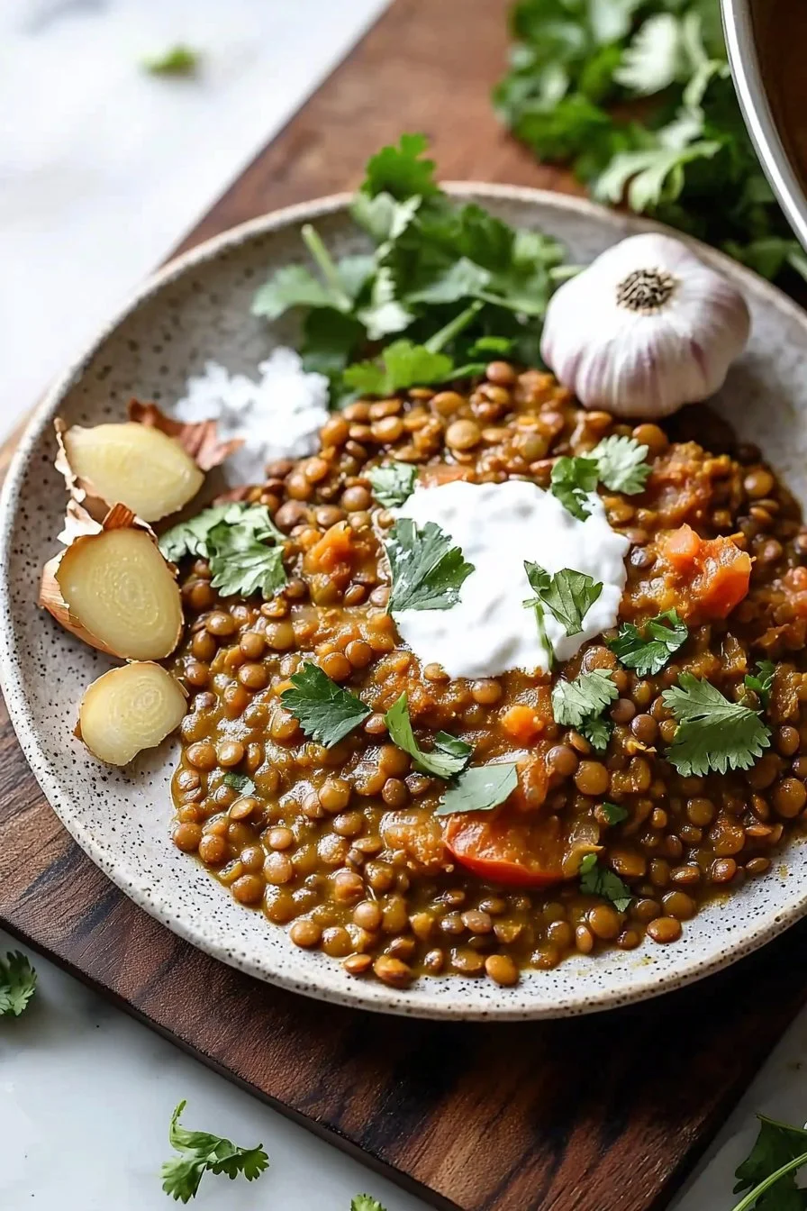 Einfache vegane Linsencurry in einer Schüssel, serviert mit frischen Kräutern.