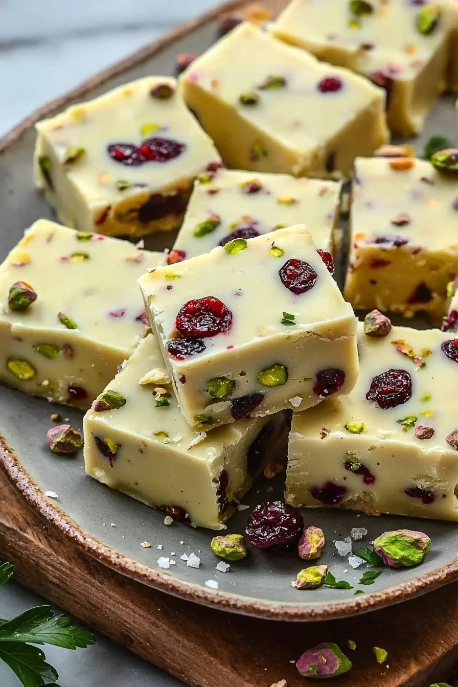 Weiße Schokoladen-Fudge mit Pistazien und Cranberries auf einem Teller