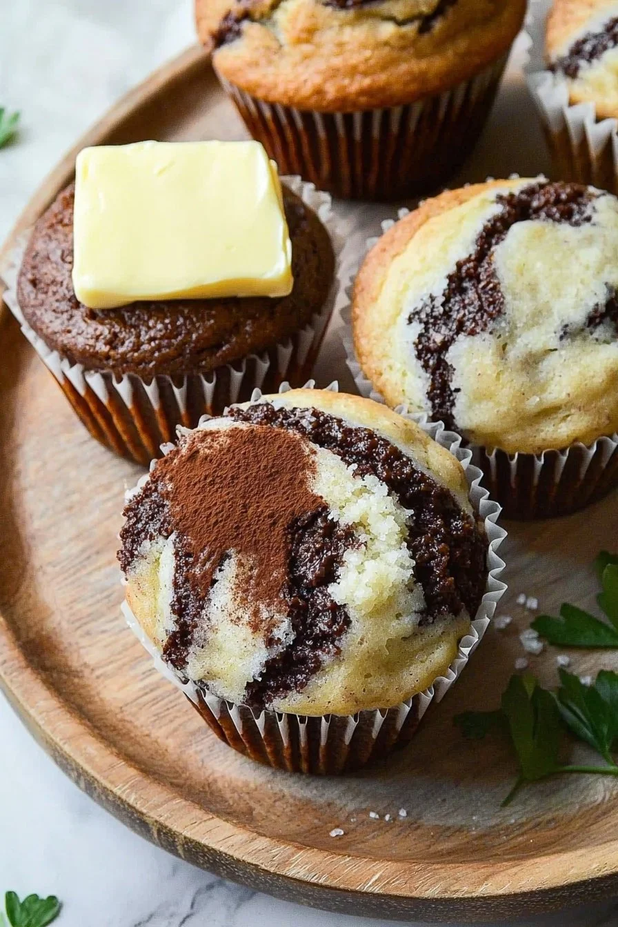Saftige Marmor Muffins auf einem dekorativen Teller