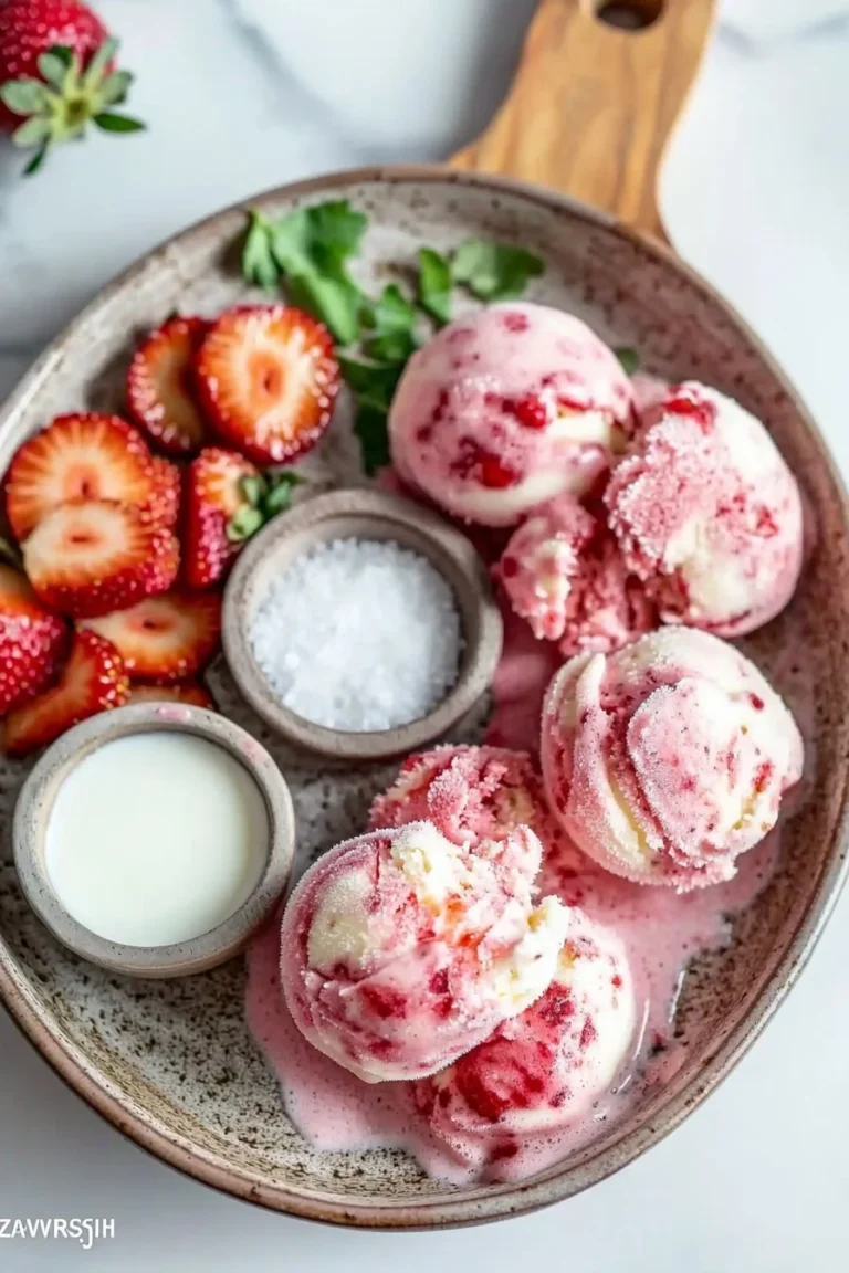 Schale mit selbstgemachtem Erdbeereis, garniert mit frischen Erdbeeren.