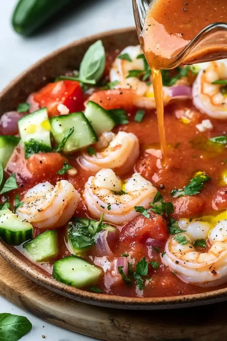 Garnelen-Gazpacho in einer eleganten Schüssel serviert