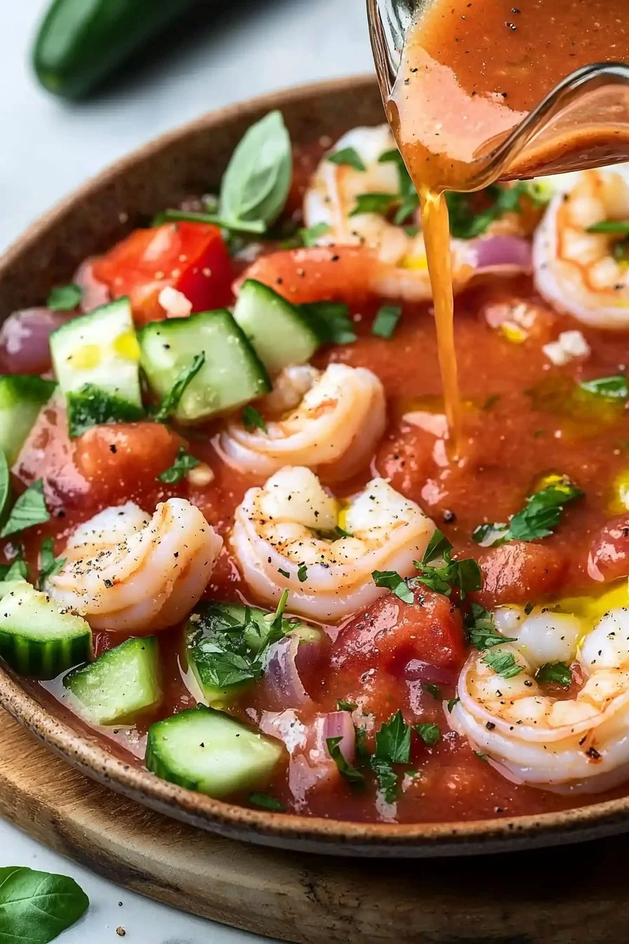 Garnelen-Gazpacho in einer eleganten Schüssel serviert