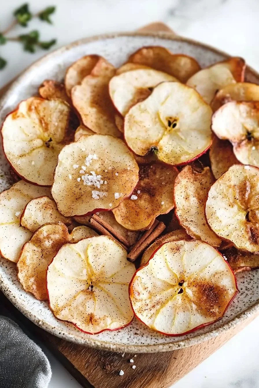 Gebackene Apfelchips im Snackbehälter, gesund und knusprig.