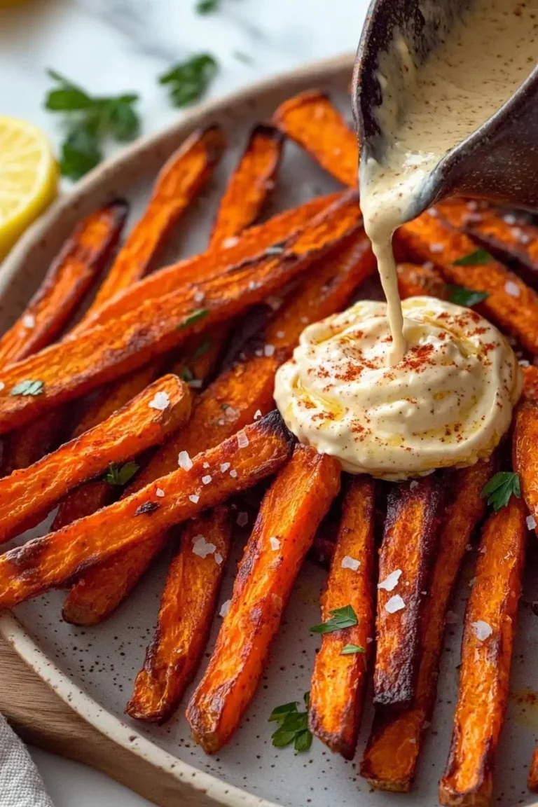 Gebackene Karottenpommes mit Paprika-Knoblauch-Aioli auf einem Teller