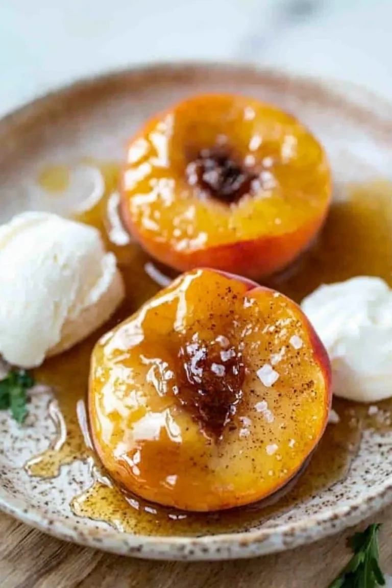 Gebackene Pfirsiche mit Vanilleeis und Mandeln, verführerisches Dessert