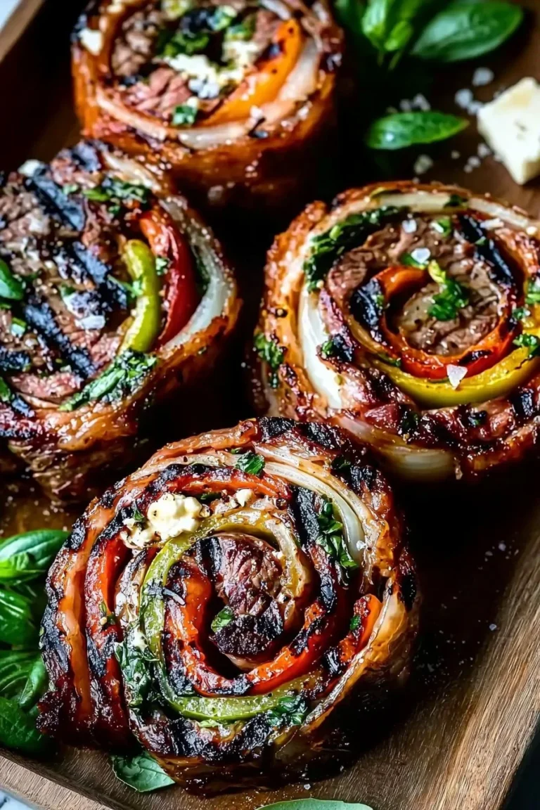 Gegrillte Flanksteak-Pinwheels mit frischen Kräutern und Gemüse