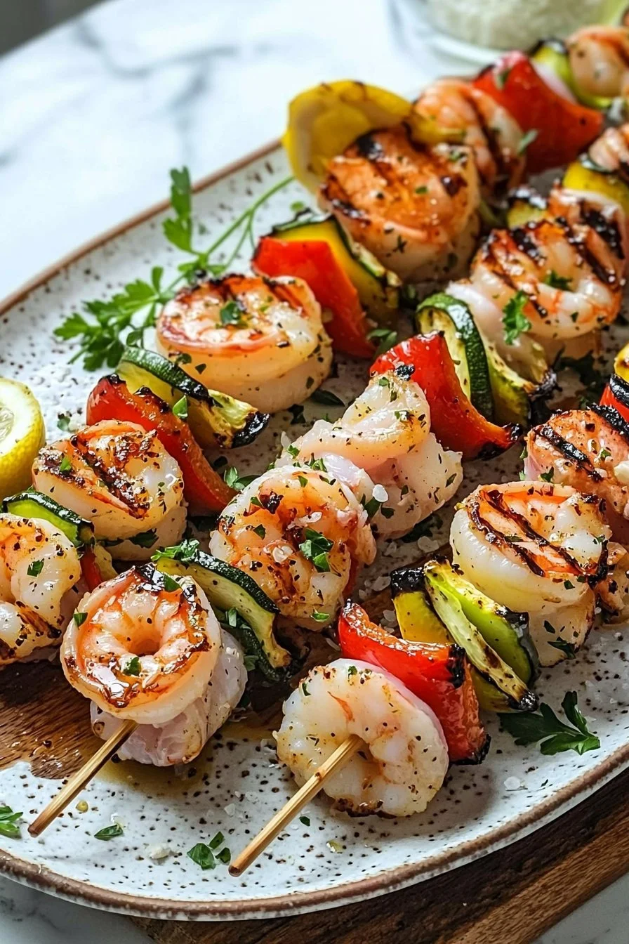 Gegrillte Meeresfrüchte-Spieße auf einem Grill, garniert mit frischen Kräutern
