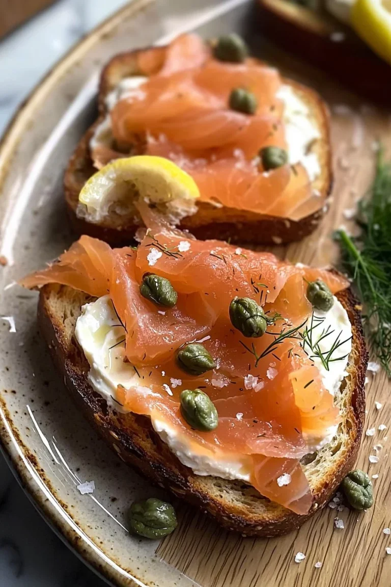 Geräucherter Lachs Toast mit frischen Kräutern auf einem eleganten Teller serviert.