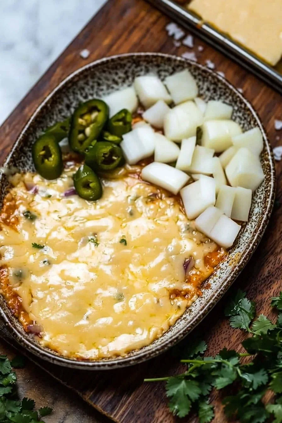 Geräucherter Queso-Dip mit frischen Zutaten in einer Schüssel