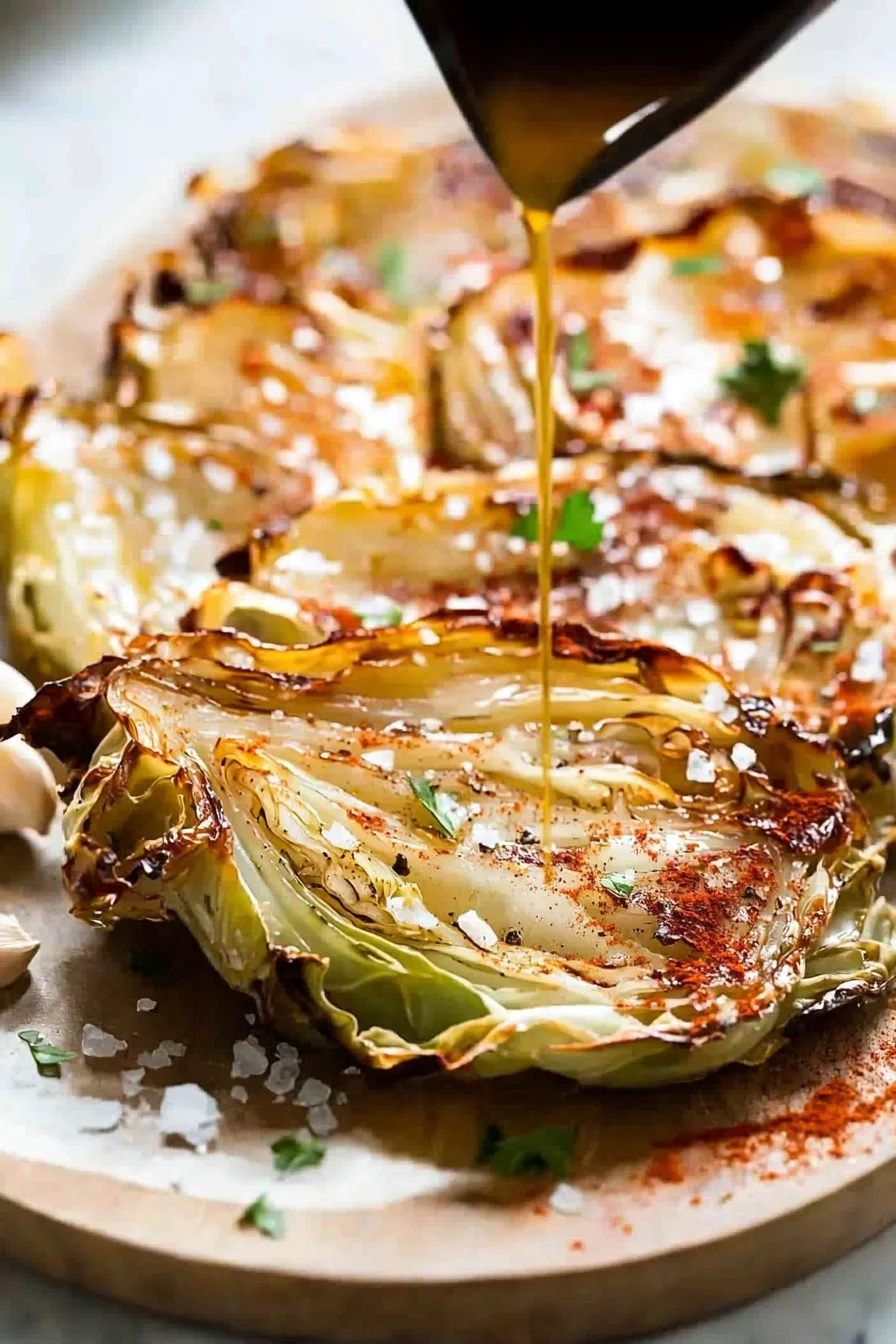 Geröstete Kohlsteaks auf einem Holzteller mit aromatischen Gewürzen.