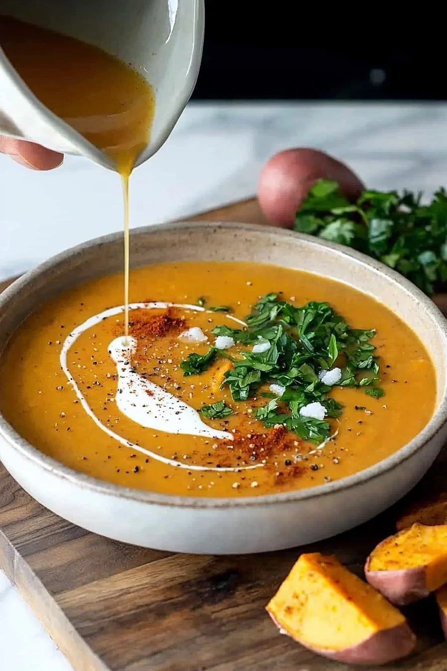 Eine Schüssel mit gerösteter Süßkartoffelsuppe, dekoriert mit Kräutern.