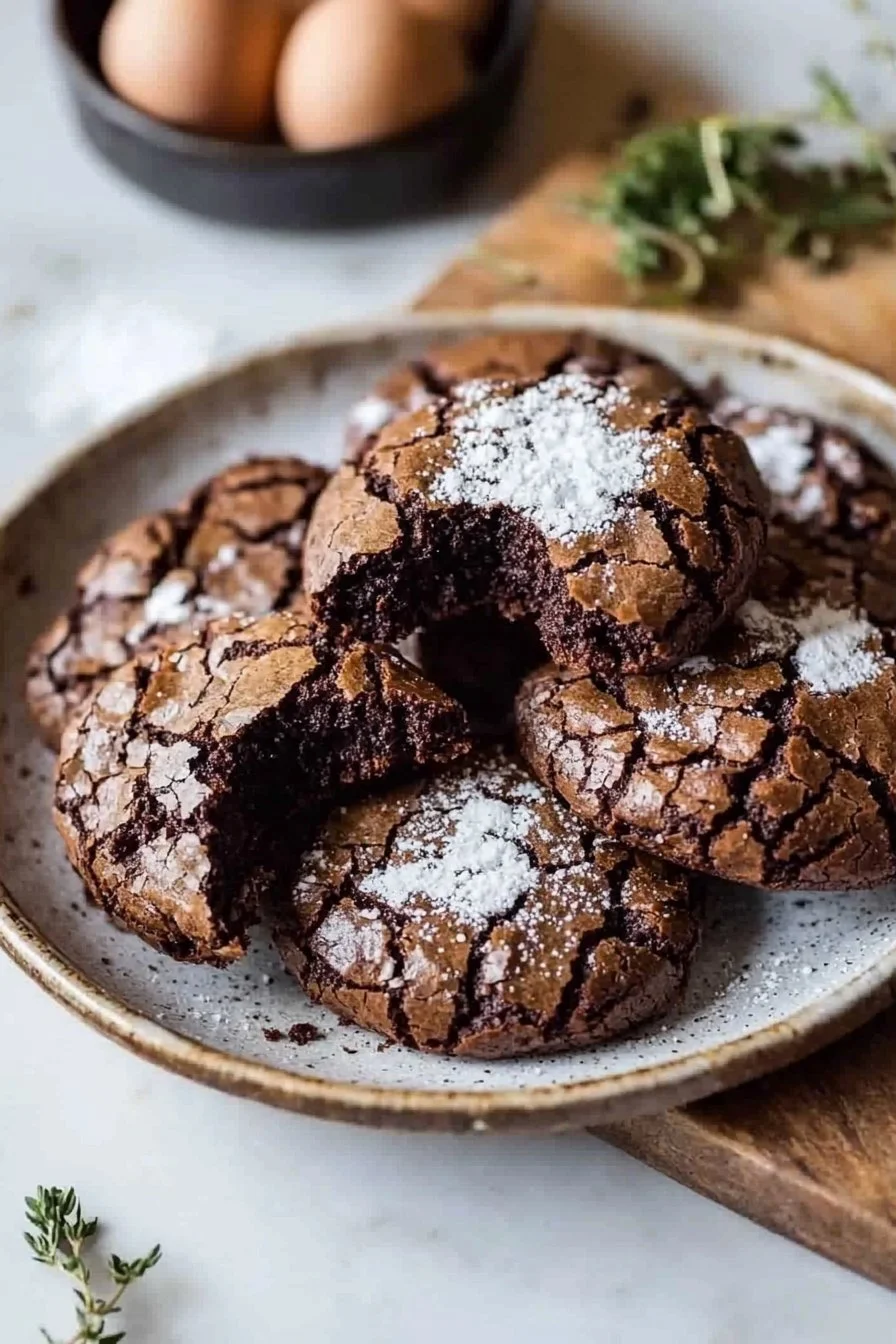 Gesalzene Brownie Crinkle Cookies auf einem Teller, lecker und schokoladig.