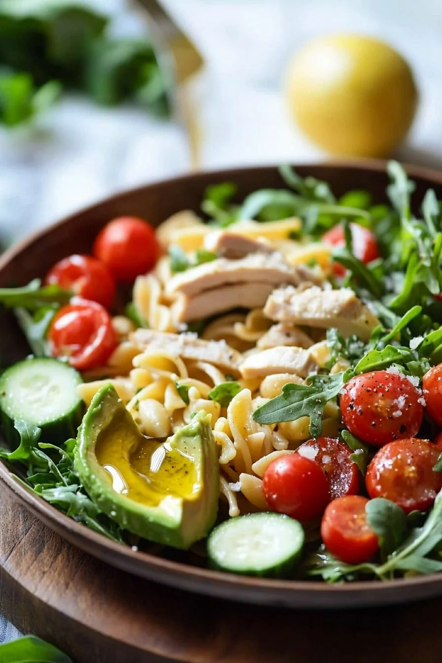 Gesunder Hähnchen-Pasta-Salat mit Avocado in einer Schüssel