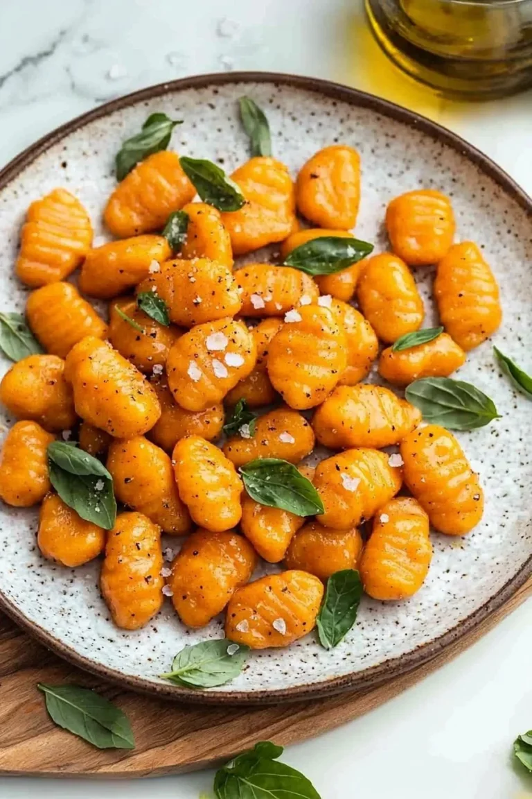 Gesunde Süßkartoffelgnocchi serviert mit frischem Gemüse und Kräutern.