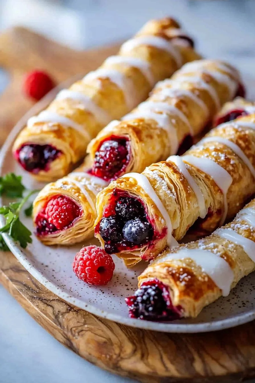 Goldene, Flaky Beerenblätterteigdrehungen mit süßem Zuckerguss