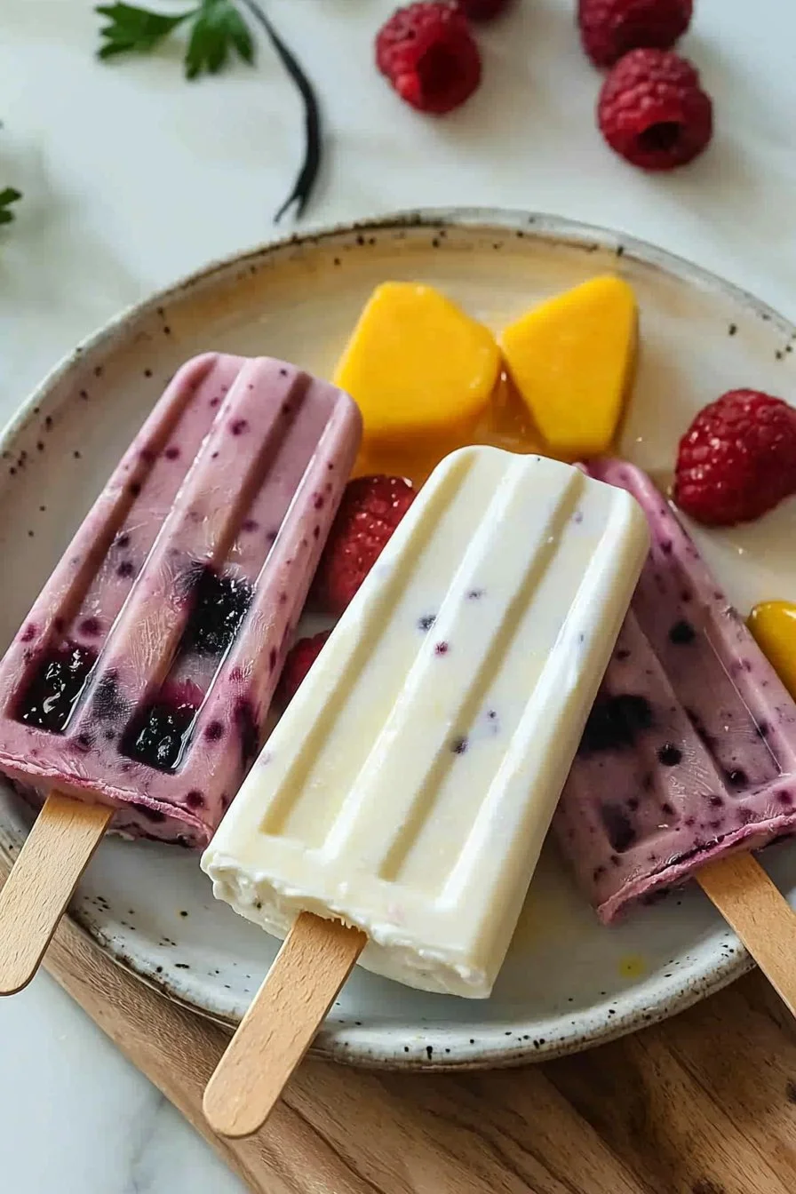 Griechisches Joghurt-Eis am Stiel in einer Schale mit frischen Beeren