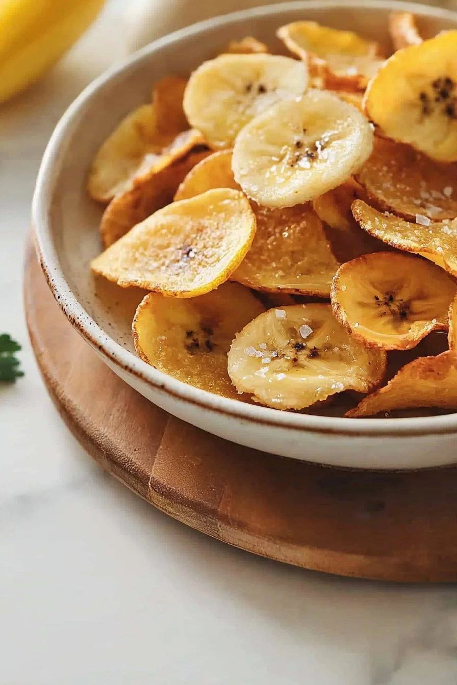 Hausgemachte Bananenchips auf einem Holzbrett serviert