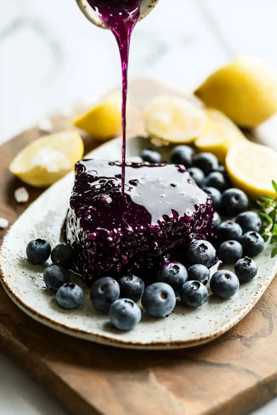 Hausgemachte Blaubeersoße in einer Schüssel, serviert mit frischen Blaubeeren.