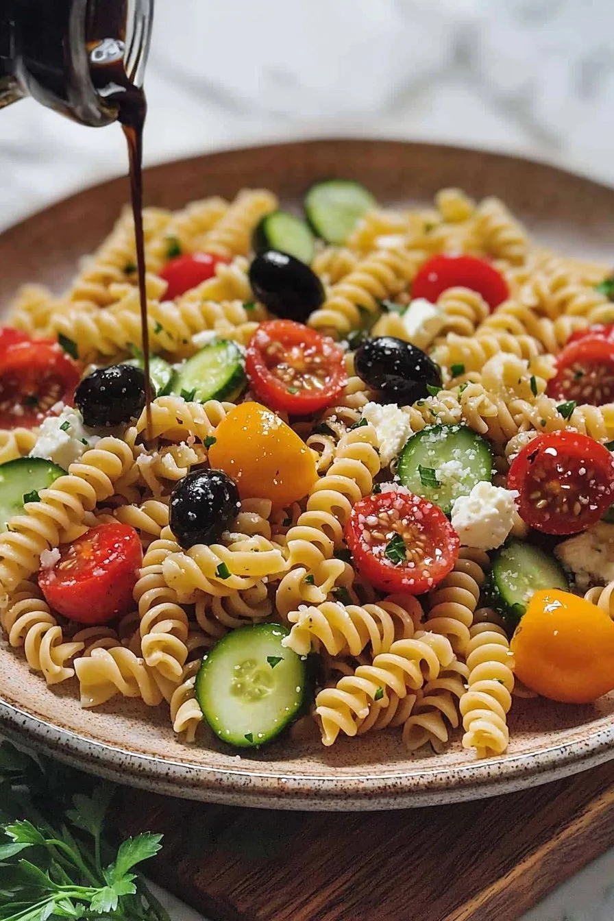 Hausgemachter Nudelsalat mit frischen Zutaten in einer Schüssel.
