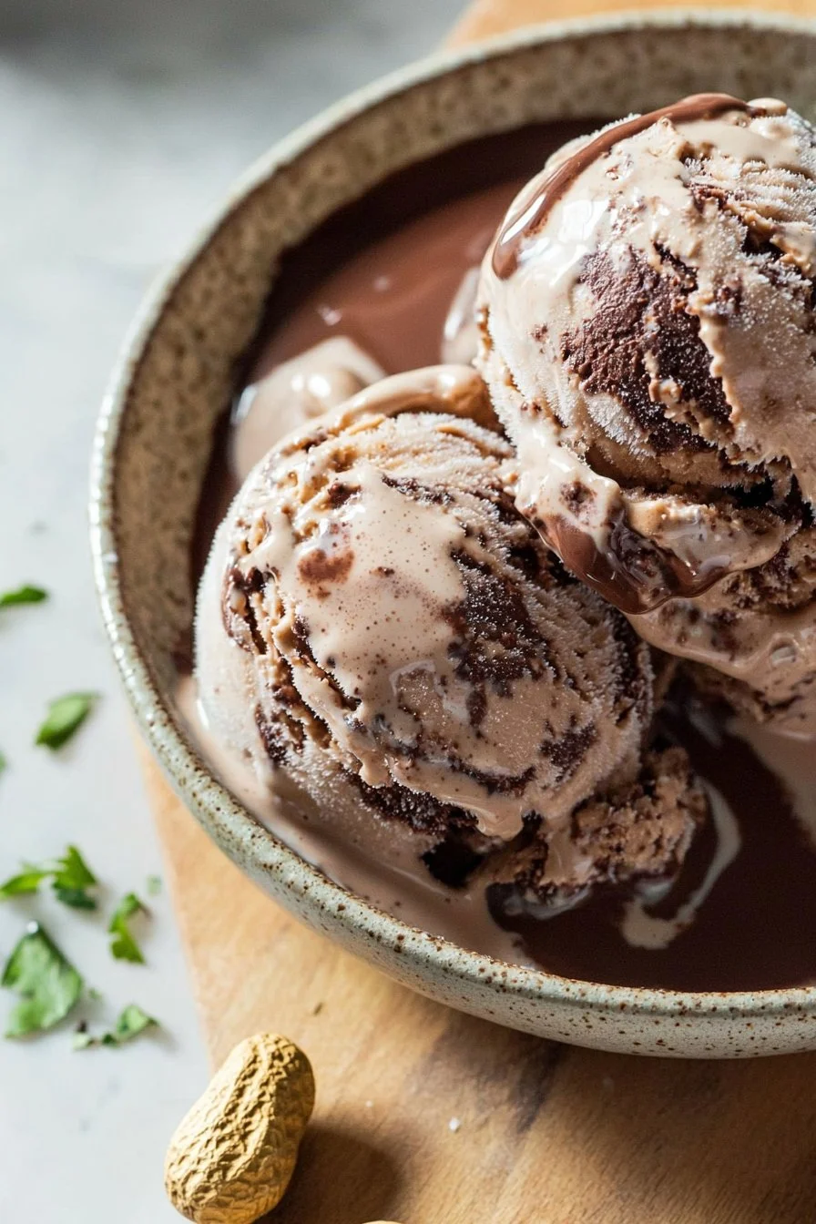 Hausgemachtes Schokoladen-Fudge-Erdnussbutter-Eiscreme in einer Eisschale.