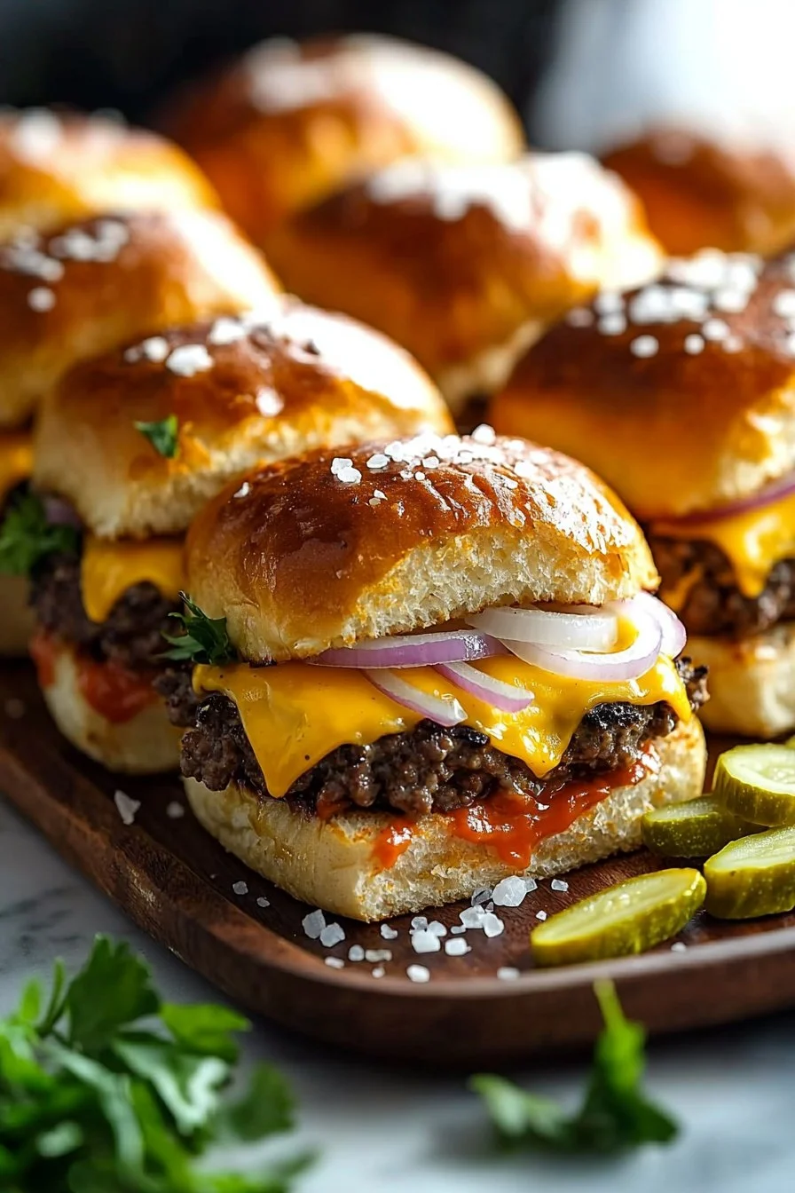 Hawaiian Roll Cheeseburger Slider auf einem weißen Teller serviert