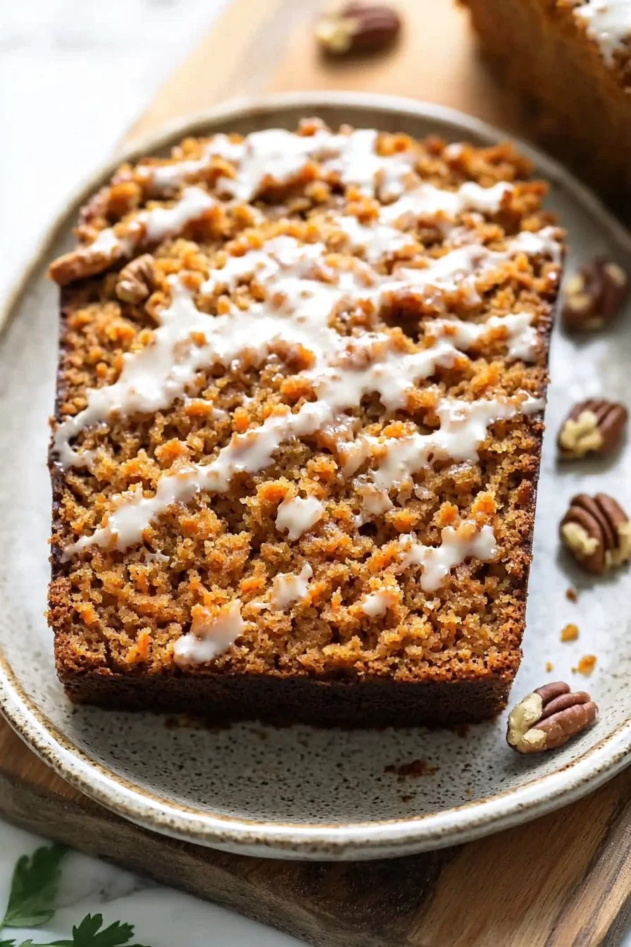 Karottenkuchenlaib – saftiger und aromatischer Karottenkuchen auf einem Teller