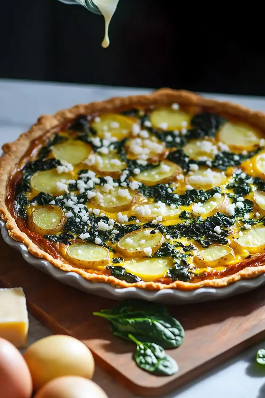 Deliziosa Käse Kartoffel Quiche mit Spinat auf einem weißen Teller