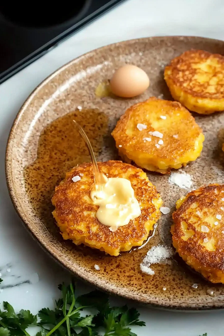 Leckere, goldbraune Käse Kartoffelpuffer auf einem Teller serviert