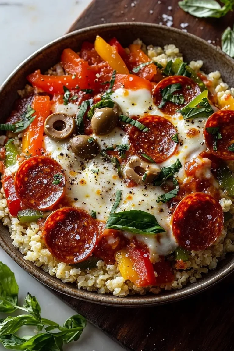 Leckere Käse-Keto-Pizza-Bowl in einer Schüssel serviert.