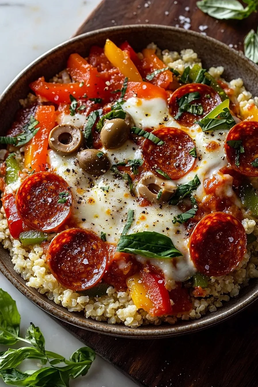 Leckere Käse-Keto-Pizza-Bowl in einer Schüssel serviert.