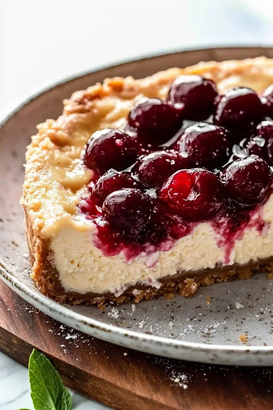 Delikater Käsekuchen mit Kirschen auf einem Teller serviert