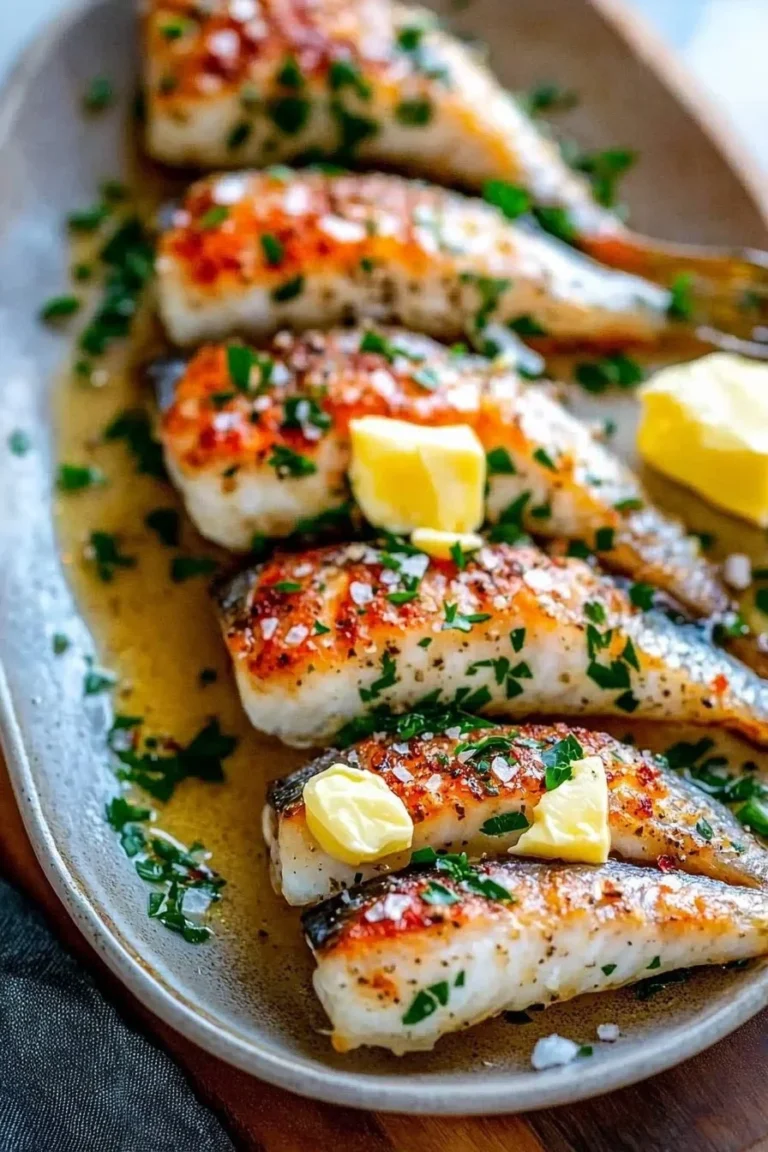 Knoblauch-Butter überbackene Fischschwänze auf einem Teller serviert.