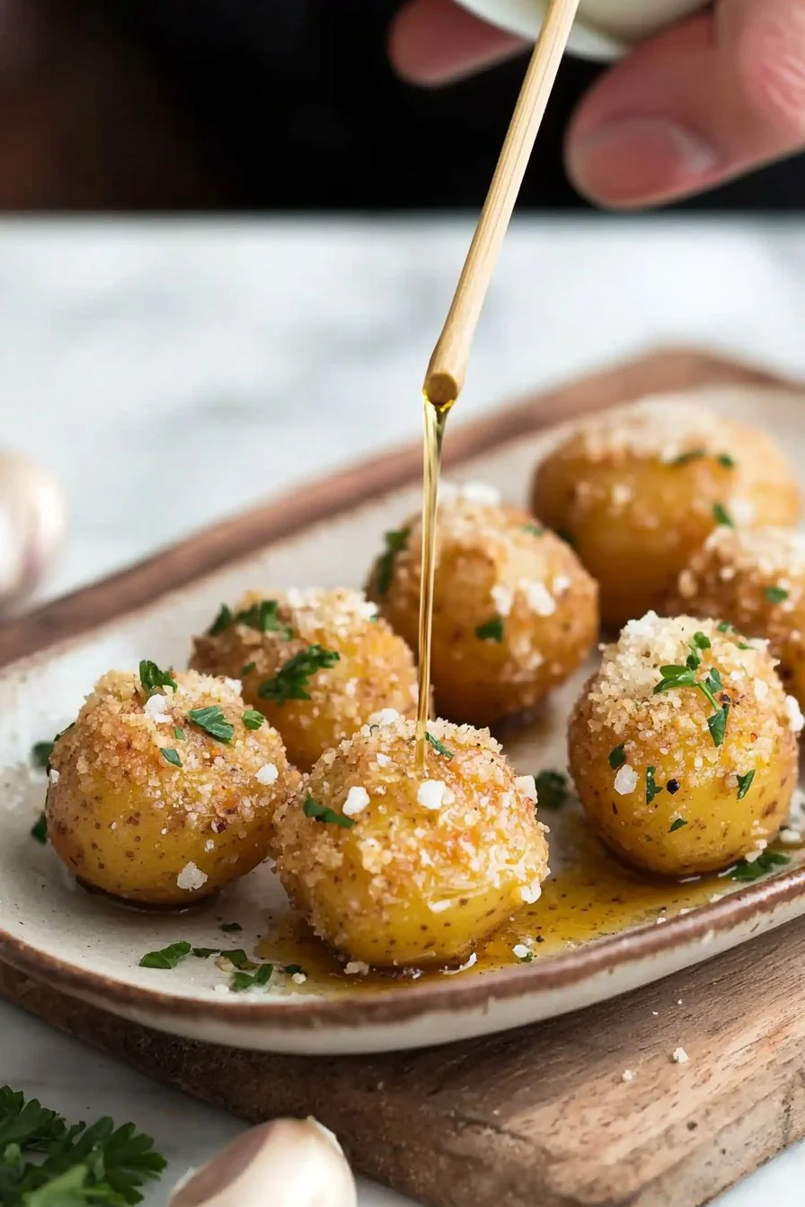 Knoblauch Kartoffel Pops frisch zubereitet auf einem Holzbrett
