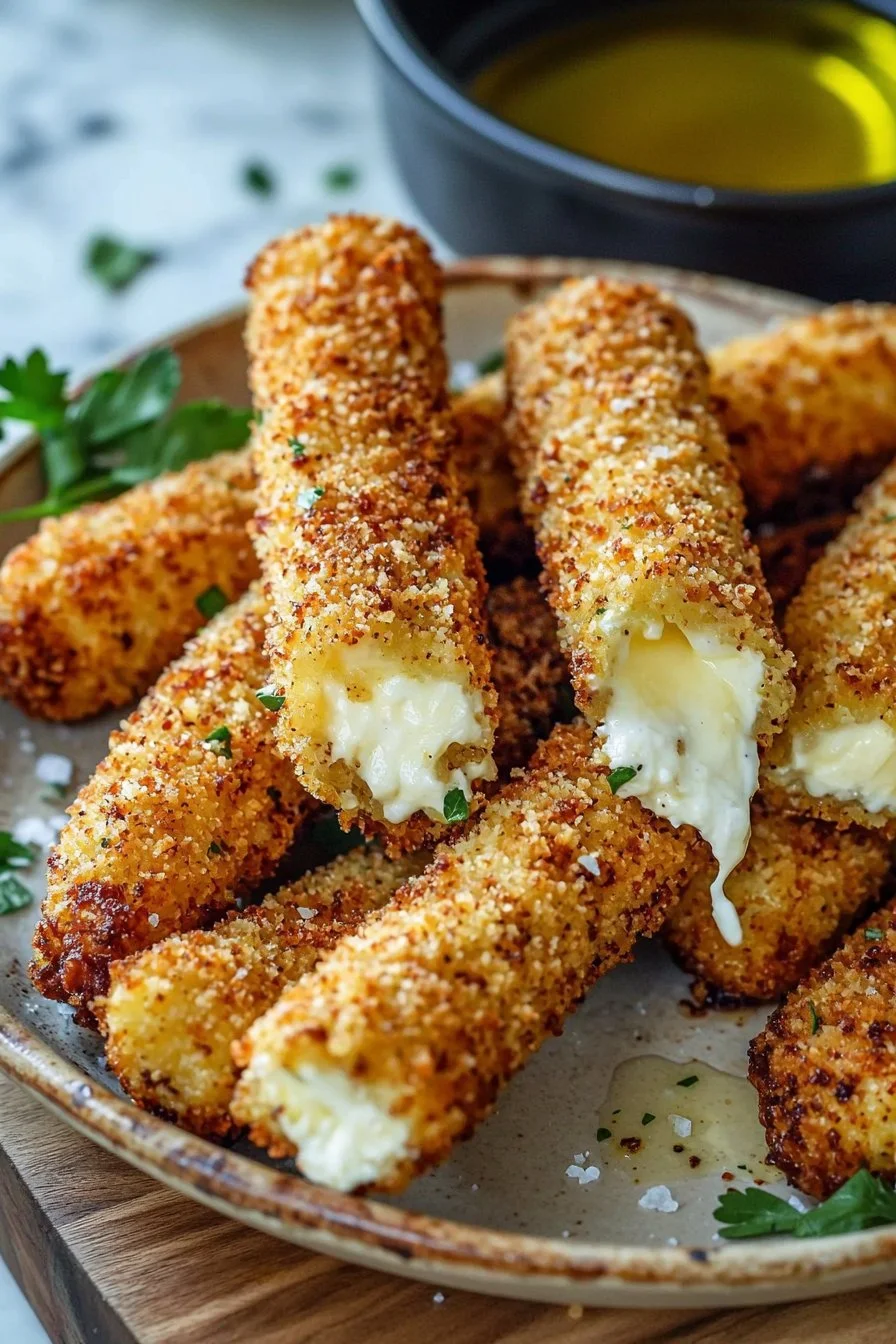 Knusprige hausgemachte Mozzarella-Sticks serviert mit Dip
