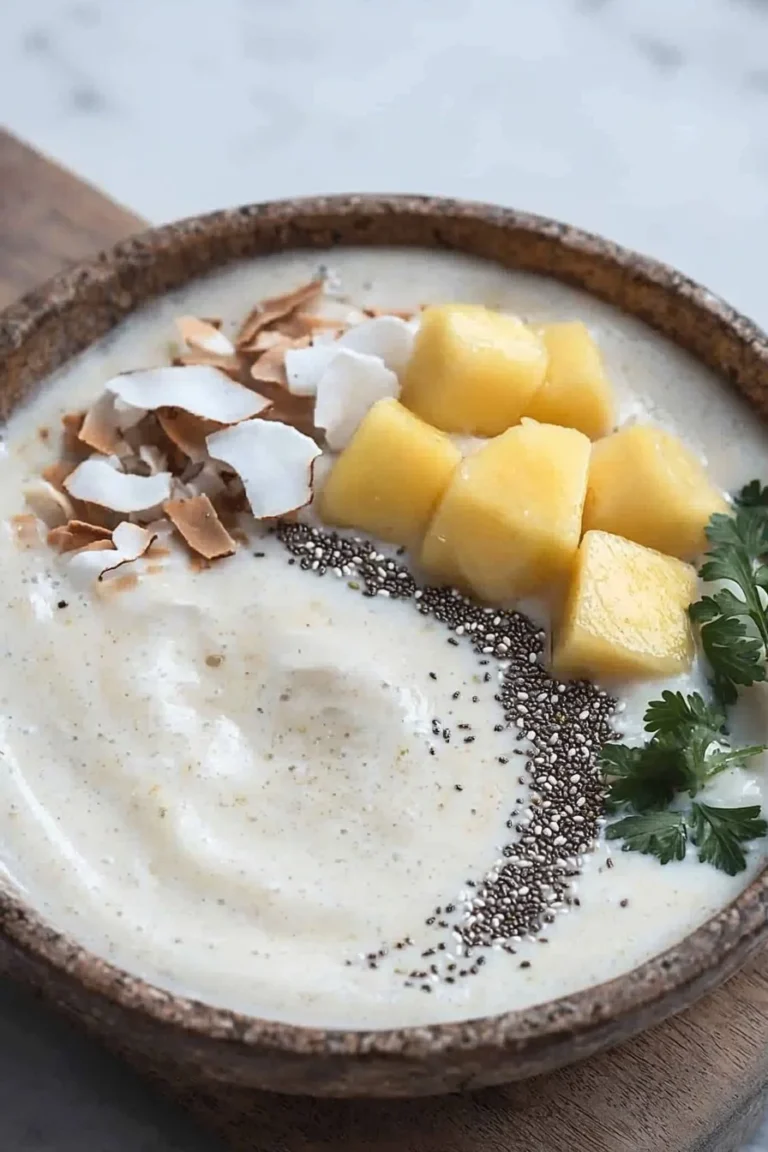 Leckere Kokos-Smoothie-Schüssel mit frischen Früchten und Toppings.