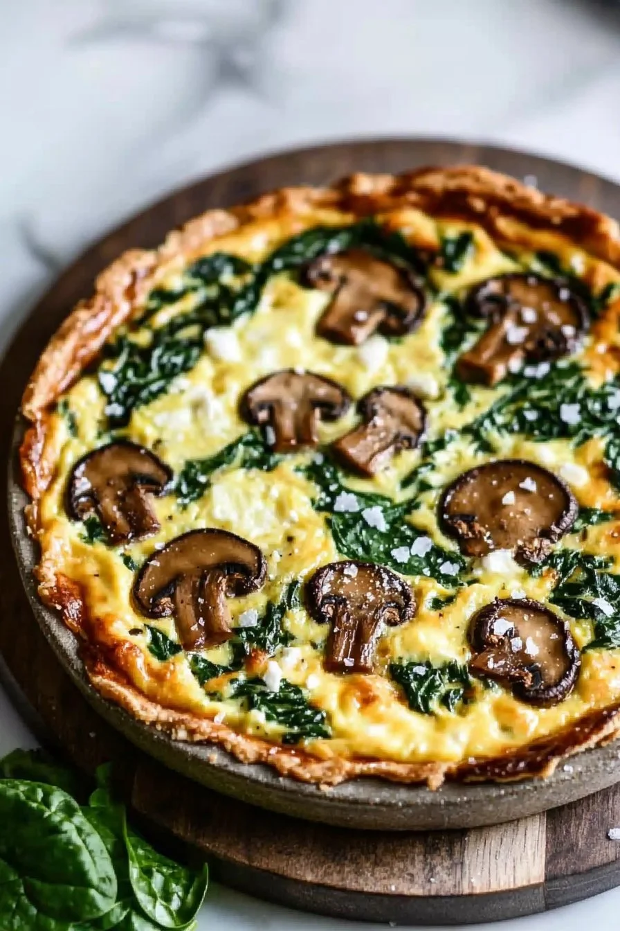 Krustenlose Pilz- und Spinat-Quiche mit frischen Zutaten auf einem Teller