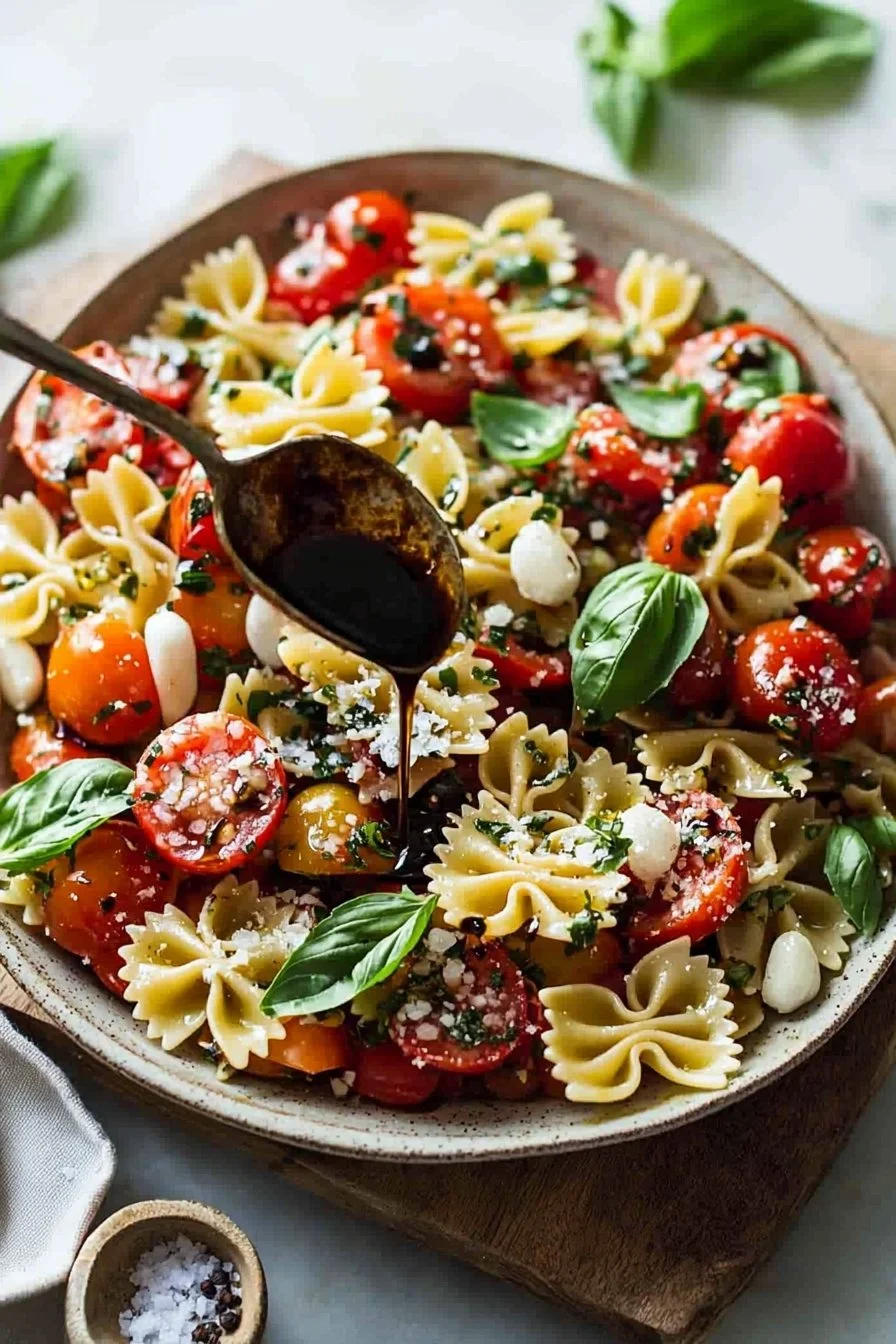 Leckere Bruschetta-Pasta-Salat mit Tomaten und frischen Kräutern