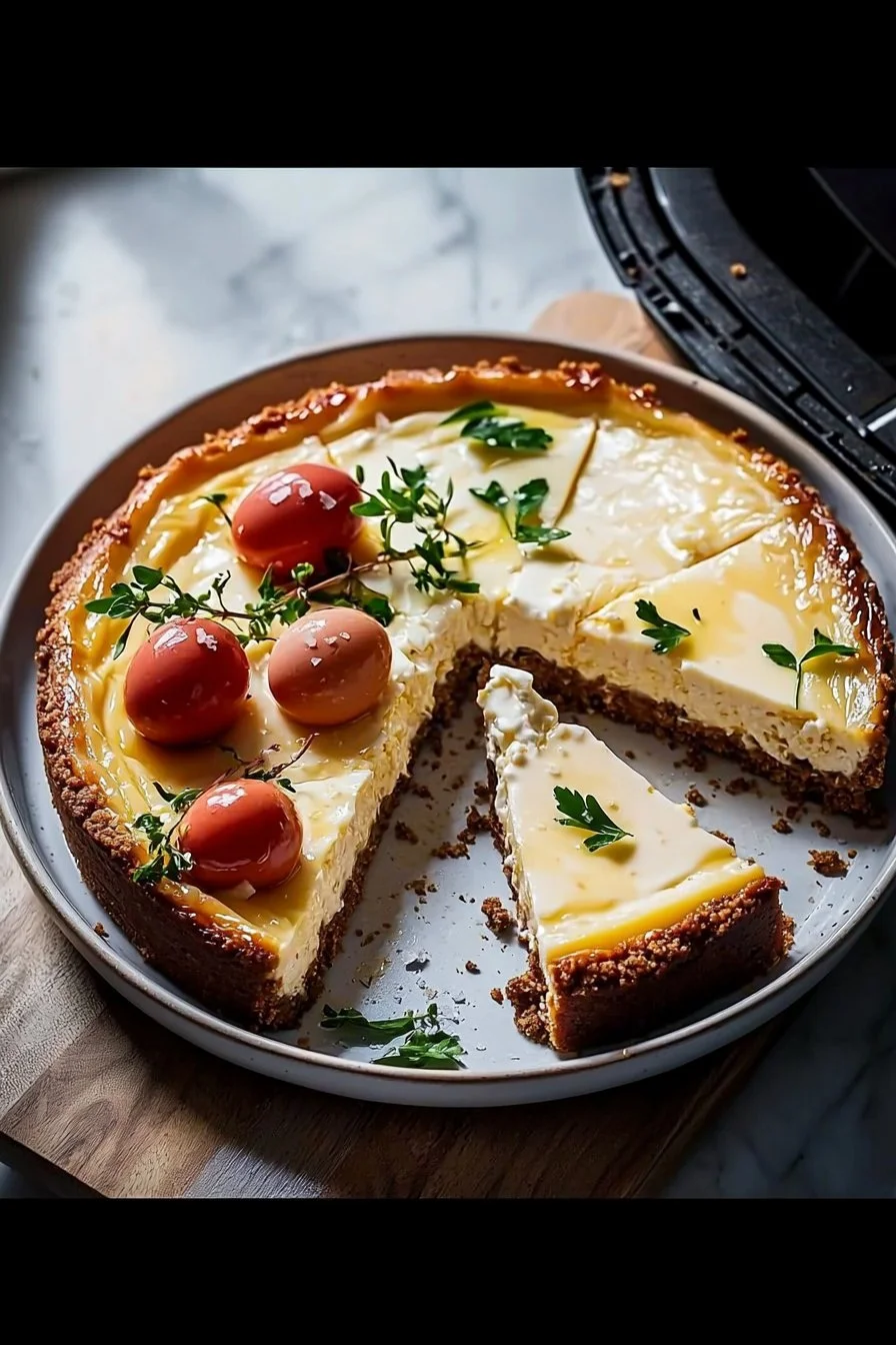 Luftfritteusen-Käsekuchen auf einem Teller serviert mit frischen Beeren