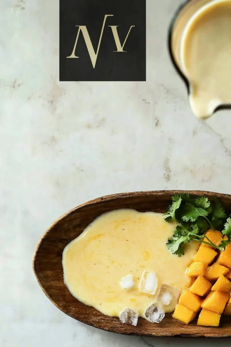 Ein Glas Mango Lassi, cremig und erfrischend, serviert mit einer Mango-Dekoration.