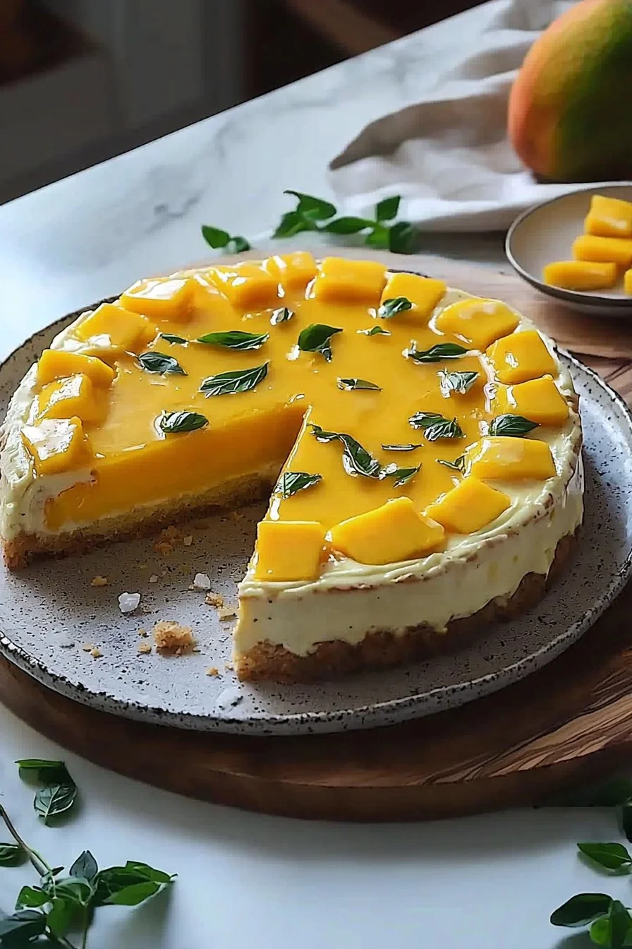 Leckere Mango Mousse Torte mit frischen Mangos und luftiger Mousse.