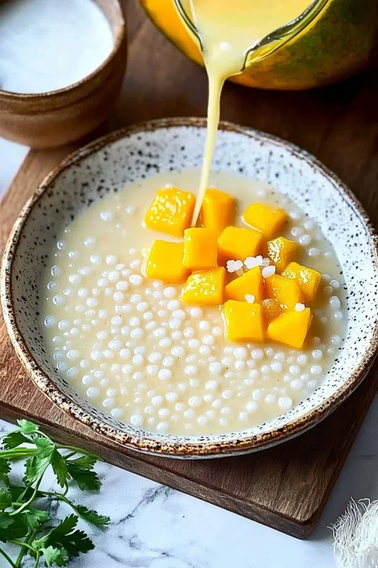 Mango Sago mit Kokosmilch, ein erfrischendes und tropisches Dessert.