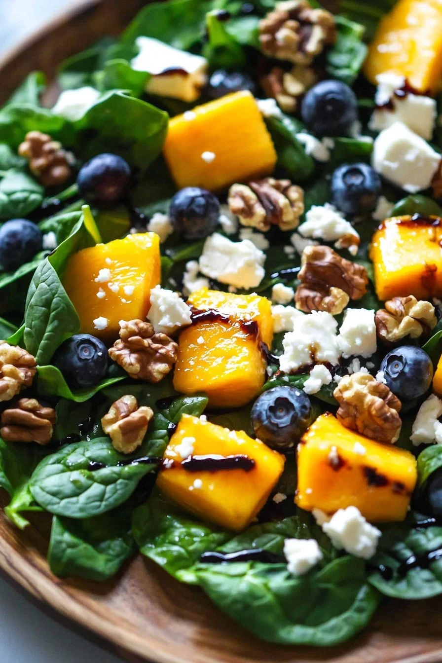 Mango- und Heidelbeer-Salat mit Spinat, Walnüssen und Feta-Käse