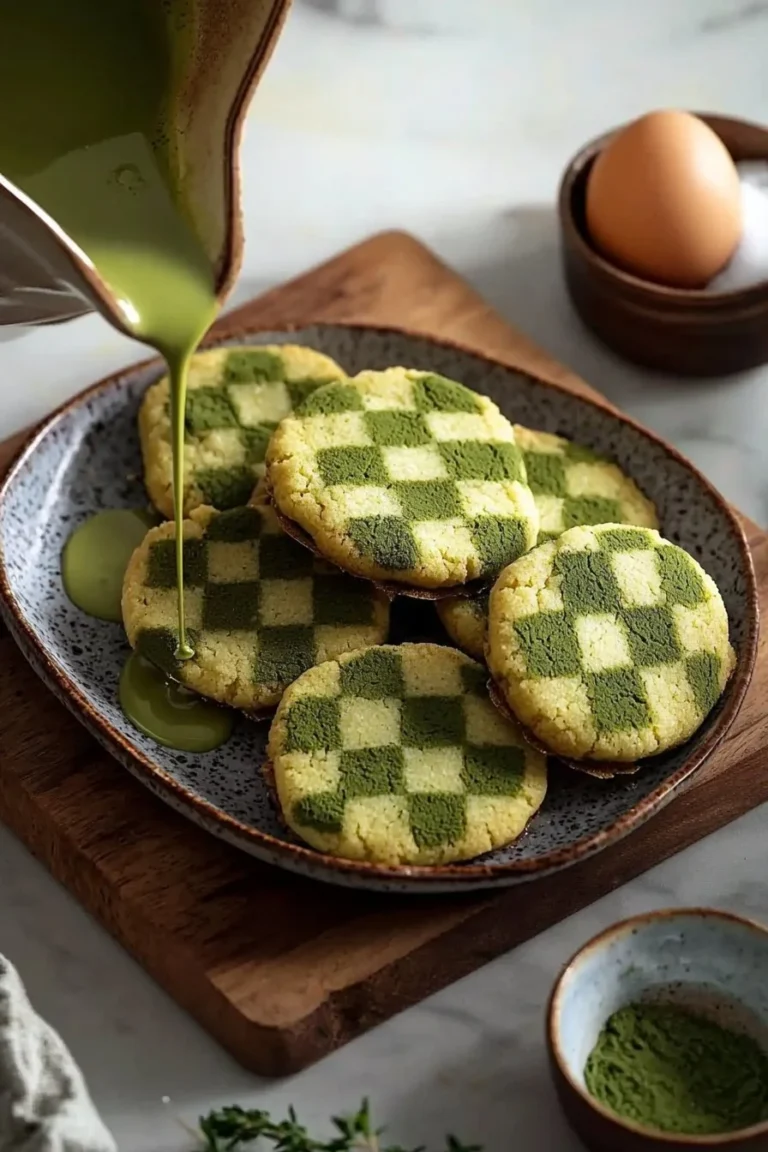 Matcha-Schachbrettkekse auf einem Teller, dekoriert mit grünem Matchapulver.