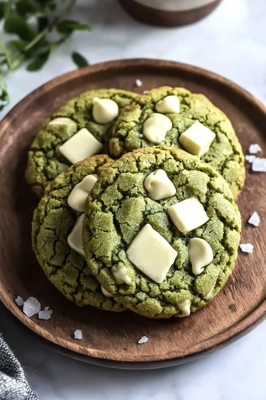 Matcha Kekse mit weißer Schokolade auf einem Teller